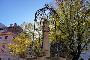 Ein dekorativer Brunnen mit einer verzierten Metallkuppel steht vor einem herbstlichen Baum im Nikolaiviertel. Die Blätter schimmern in sattem Gelb, während das Sonnenlicht durch das filigrane Metallgeflecht des Brunnens scheint. Im Hintergrund ist ein Altbau in zarten Rosatönen zu sehen.